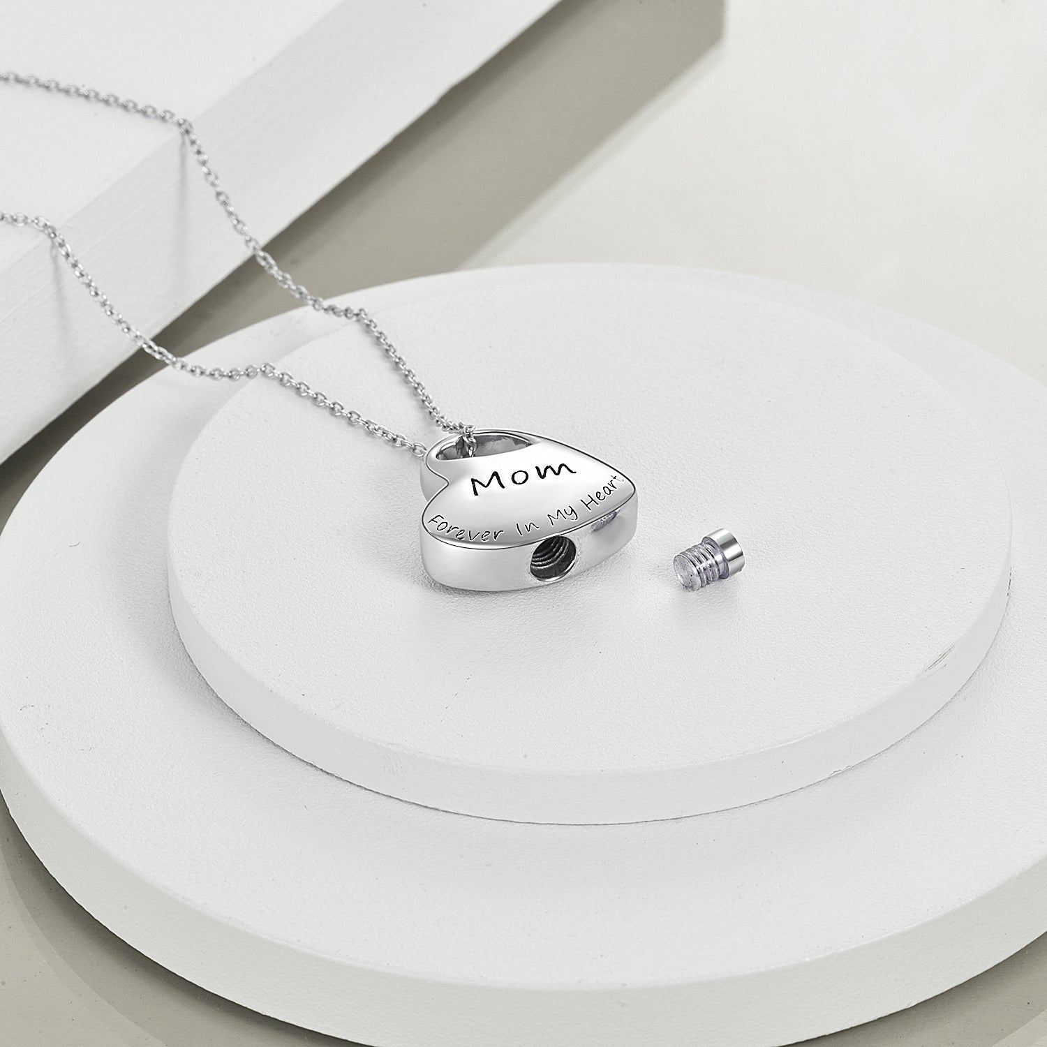 Sterling Silver Heart Mom Urn Necklace for Ashes with Engraved Word
