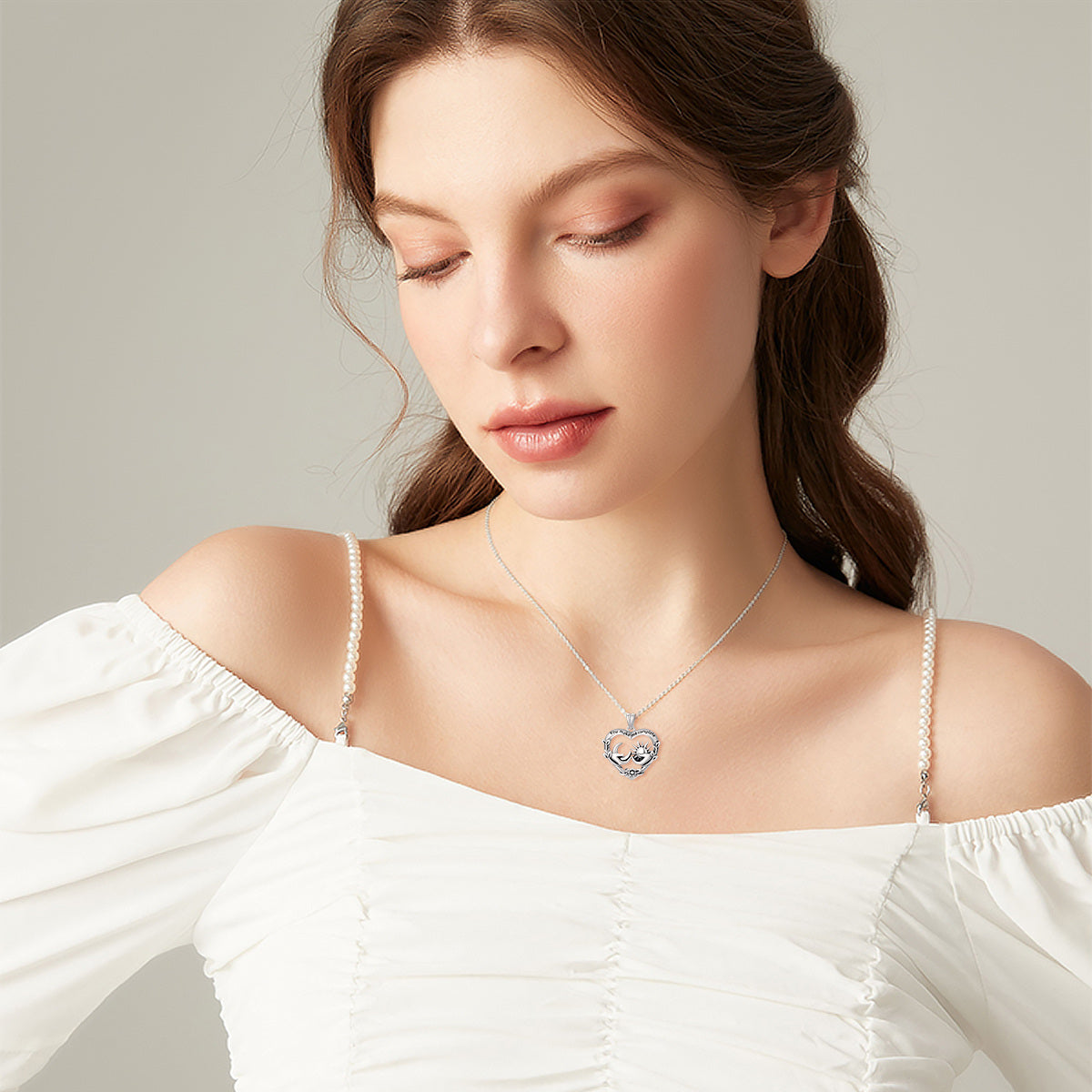 Sterling Silver Heart & Moon Pendant Necklace with Engraved Word