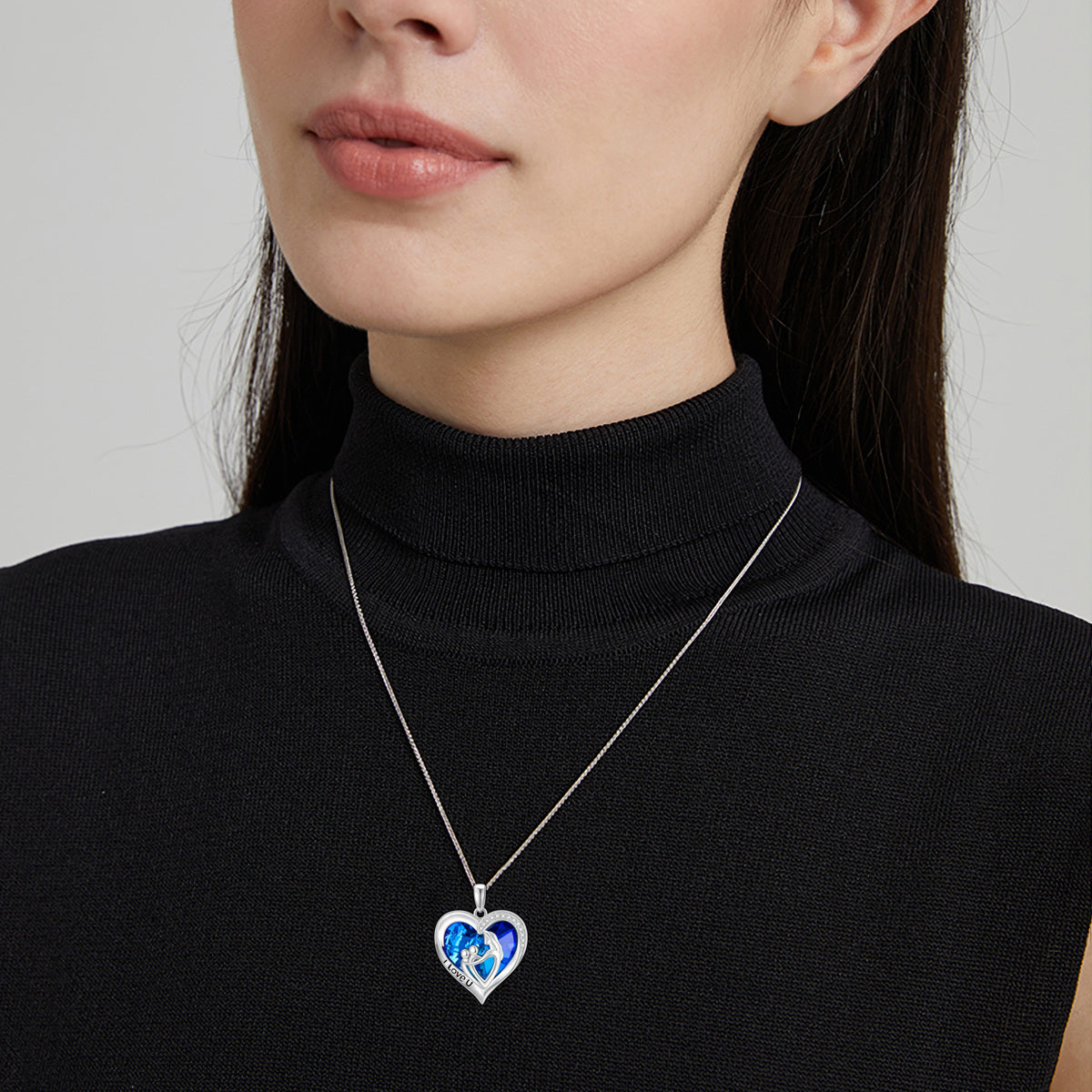 Sterling Silver Heart Mother Crystal Pendant Necklace with Engraved Word