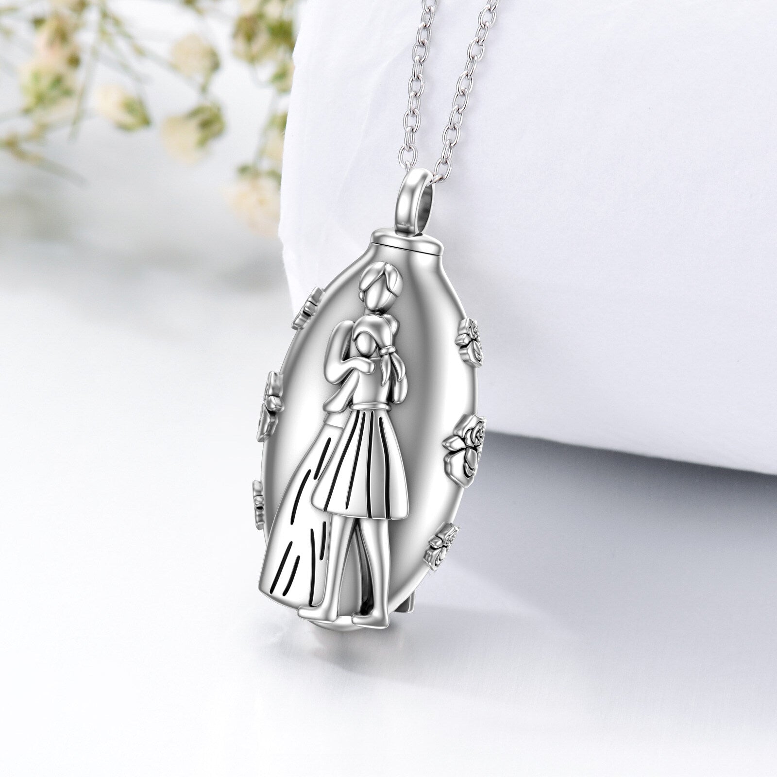 Sterling Silver Heart Mother & Daughter Urn Necklace for Ashes