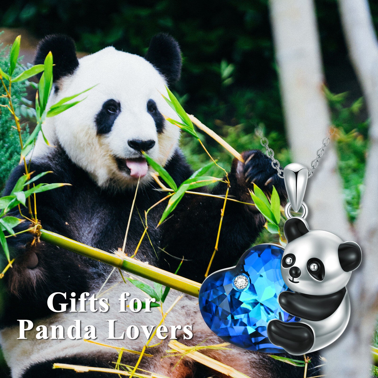 Sterling Silver Heart Panda Crystal Pendant Necklace