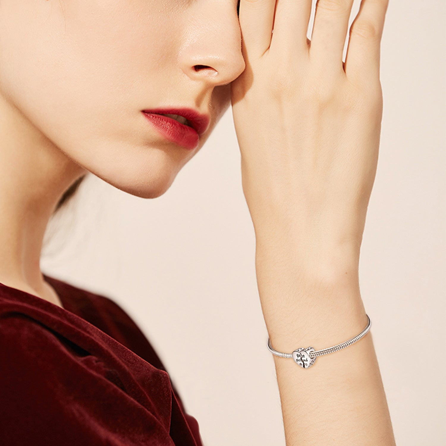 Sterling Silver Cubic Zirconia Heart Pendant Charms with Engraved Word