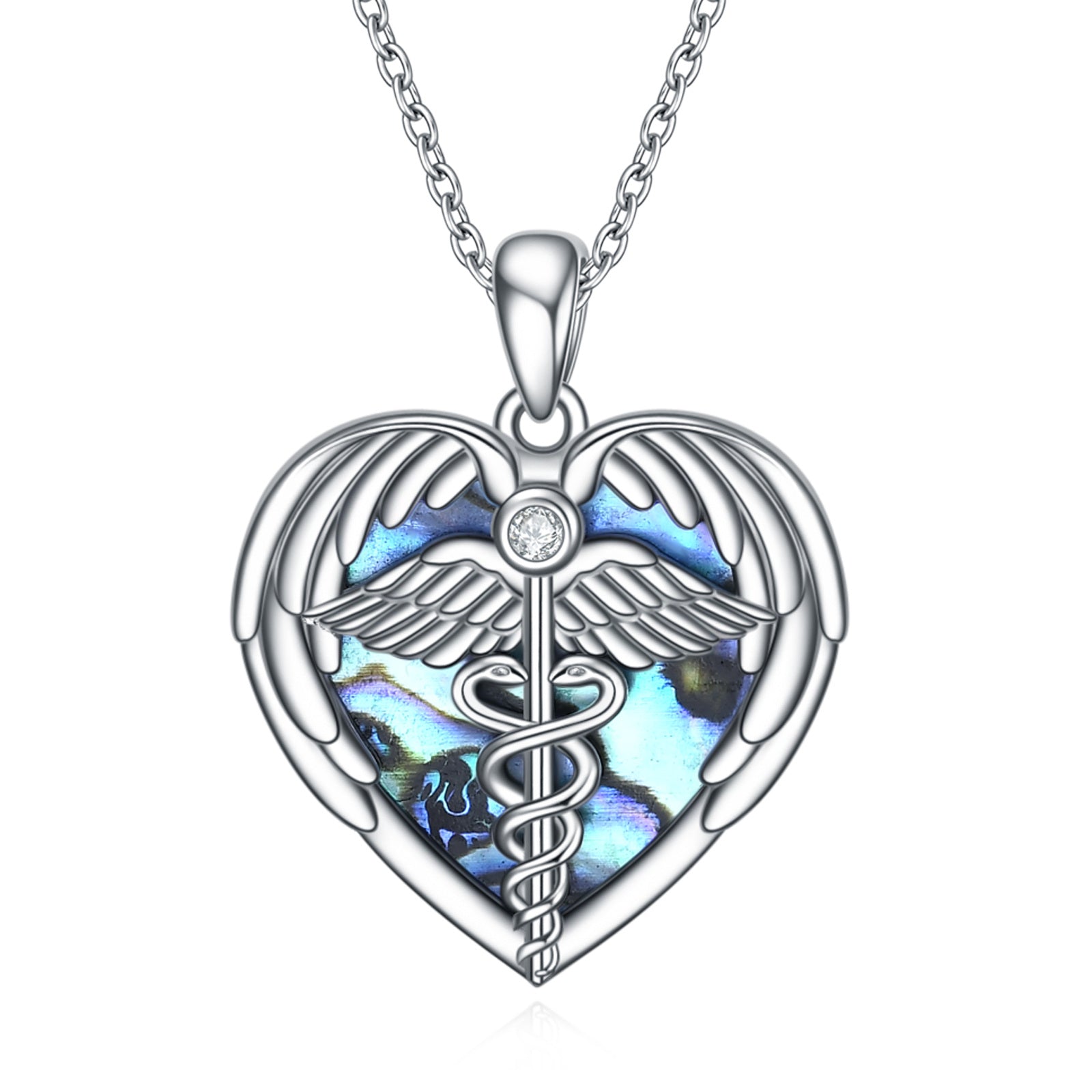 Sterling Silver Heart Abalone Shellfish Angel Wing Caduceus Pendant Necklace For Women
