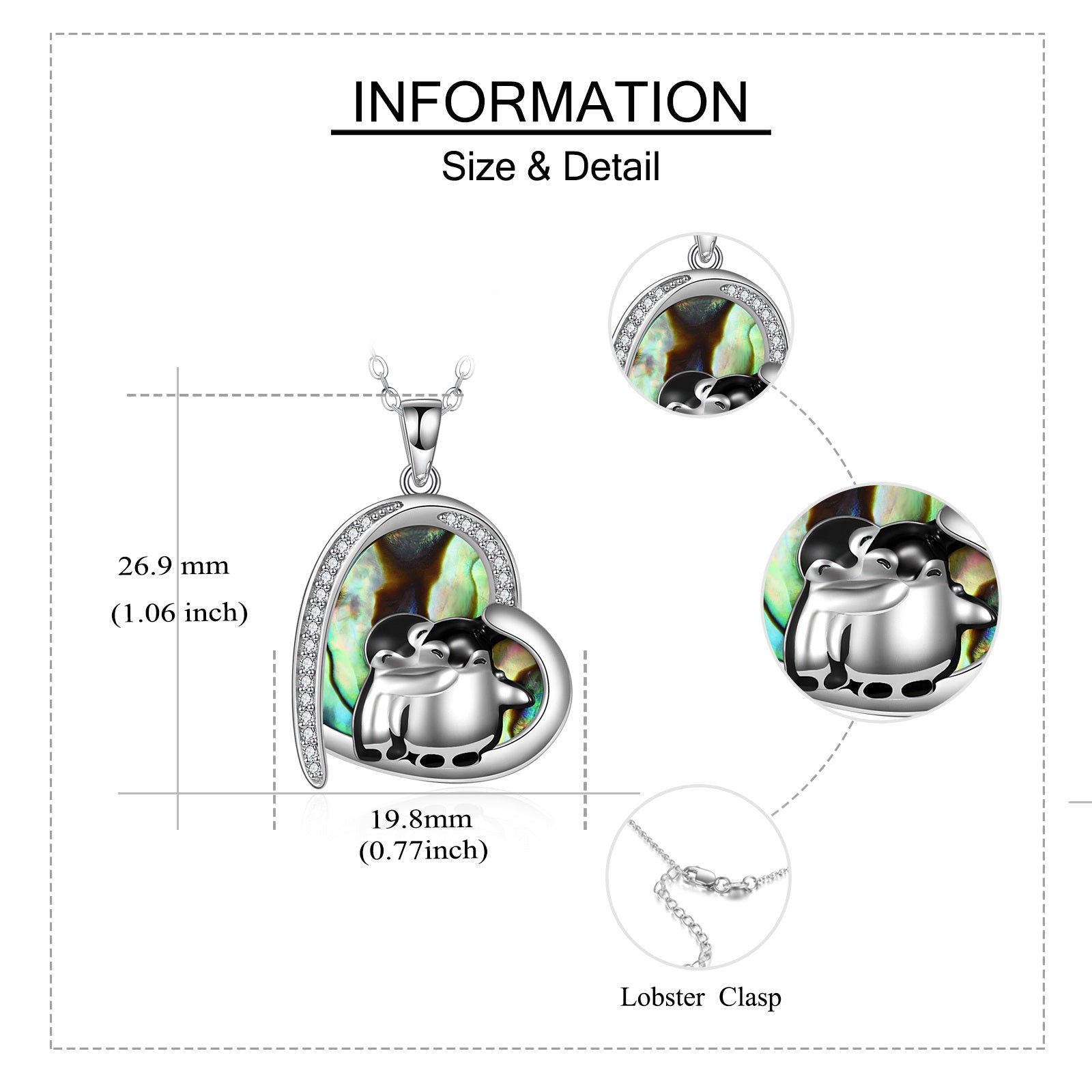 Sterling Silver Heart Abalone Shellfish Penguin Pendant Necklace For Women