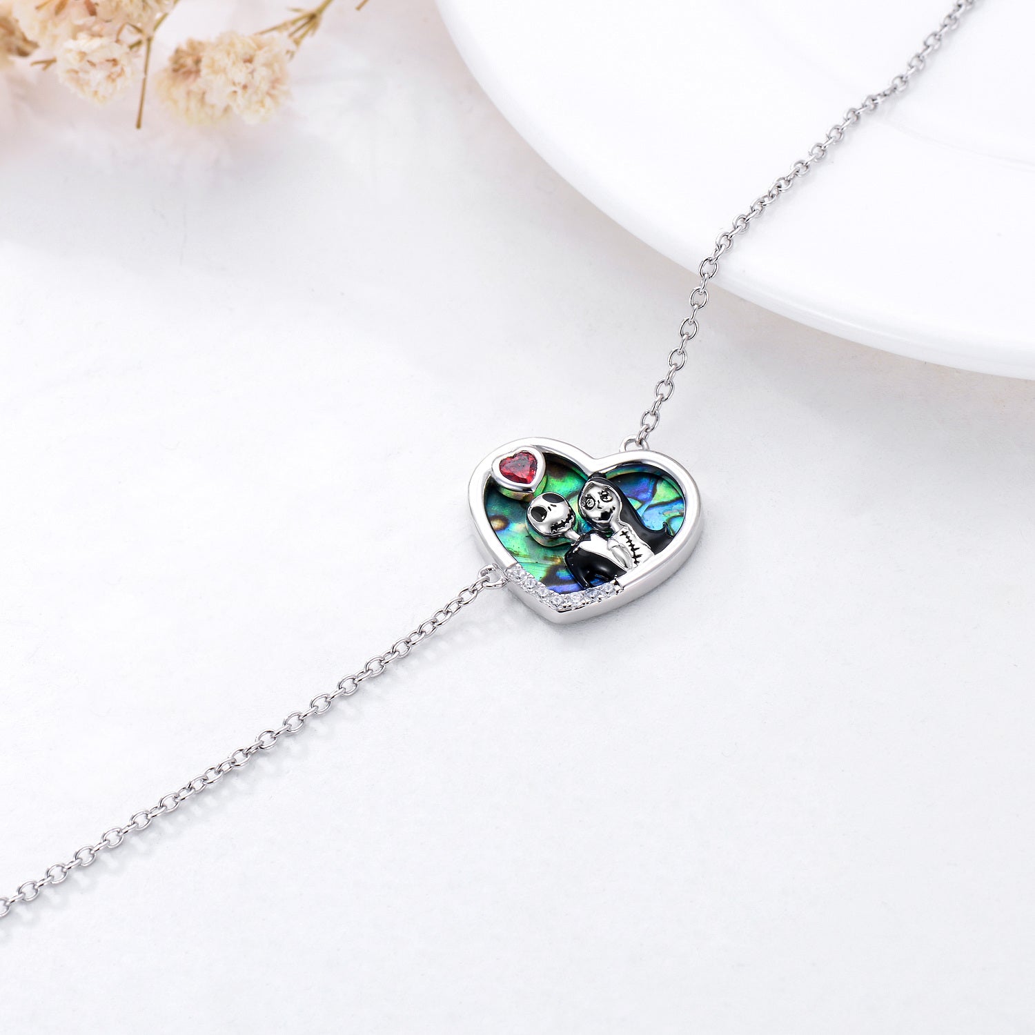 Sterling Silver Heart Shaped Abalone Shellfish Heart & Skeleton Charm Bracelet