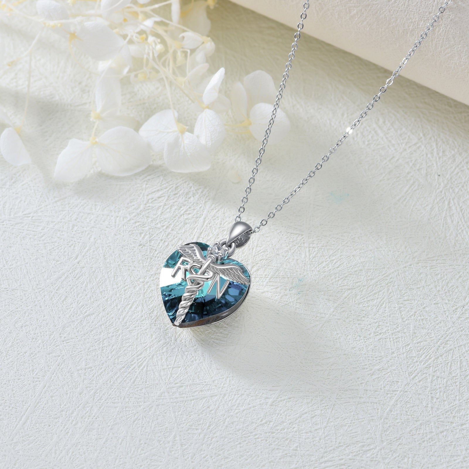 Sterling Silver Heart Shaped Angel Wing & Caduceus Crystal Pendant Necklace