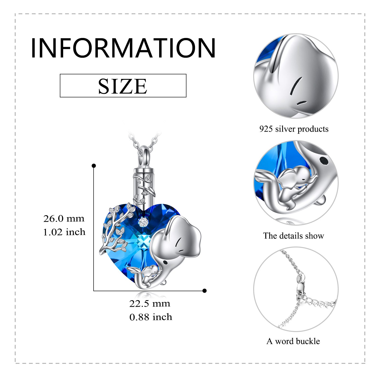 Sterling Silver Heart Crystal Elephant Urn Necklace For Ashes For Women Best Friends