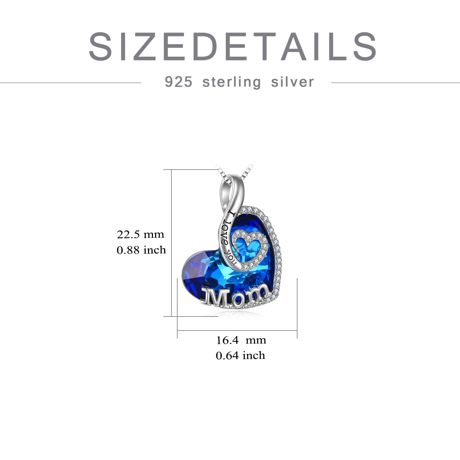 Sterling Silver Heart Shaped Blue Crystal Pendant Necklace Engraved Mom I Love You