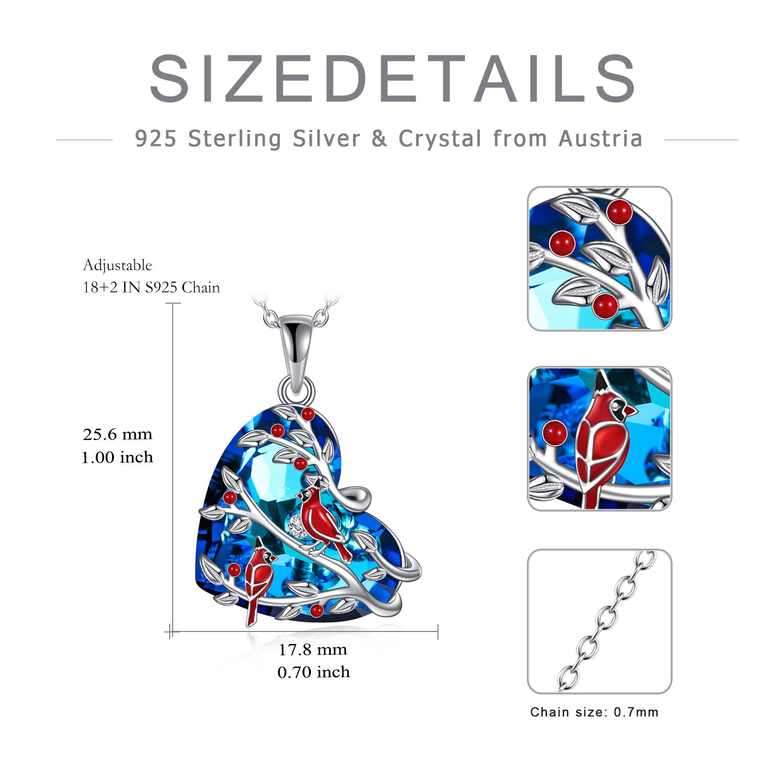Sterling Silver Heart Shaped Cardinal Crystal Pendant Necklace