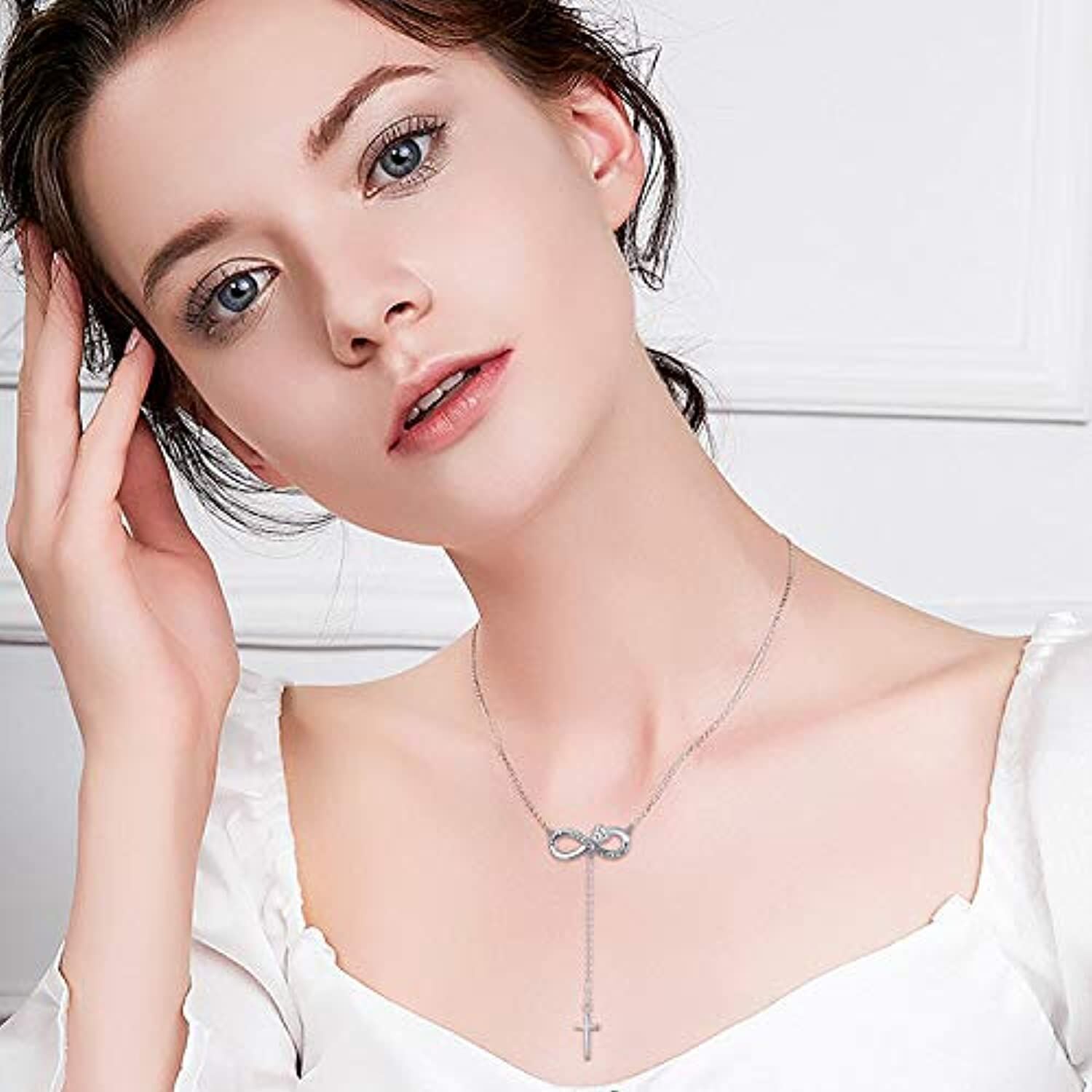 Sterling Silver Heart Cubic Zirconia Cross With Heart Infinity Symbol Non-Adjustable Y-Necklace With Engraved Word For Women