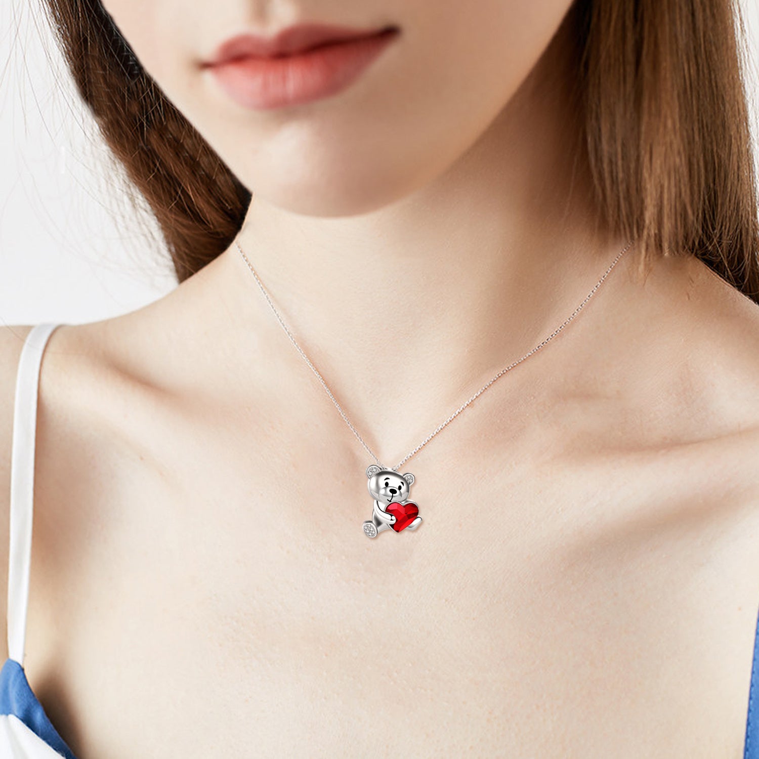 Sterling Silver Heart Crystal With Bear Pendant Necklace For Women