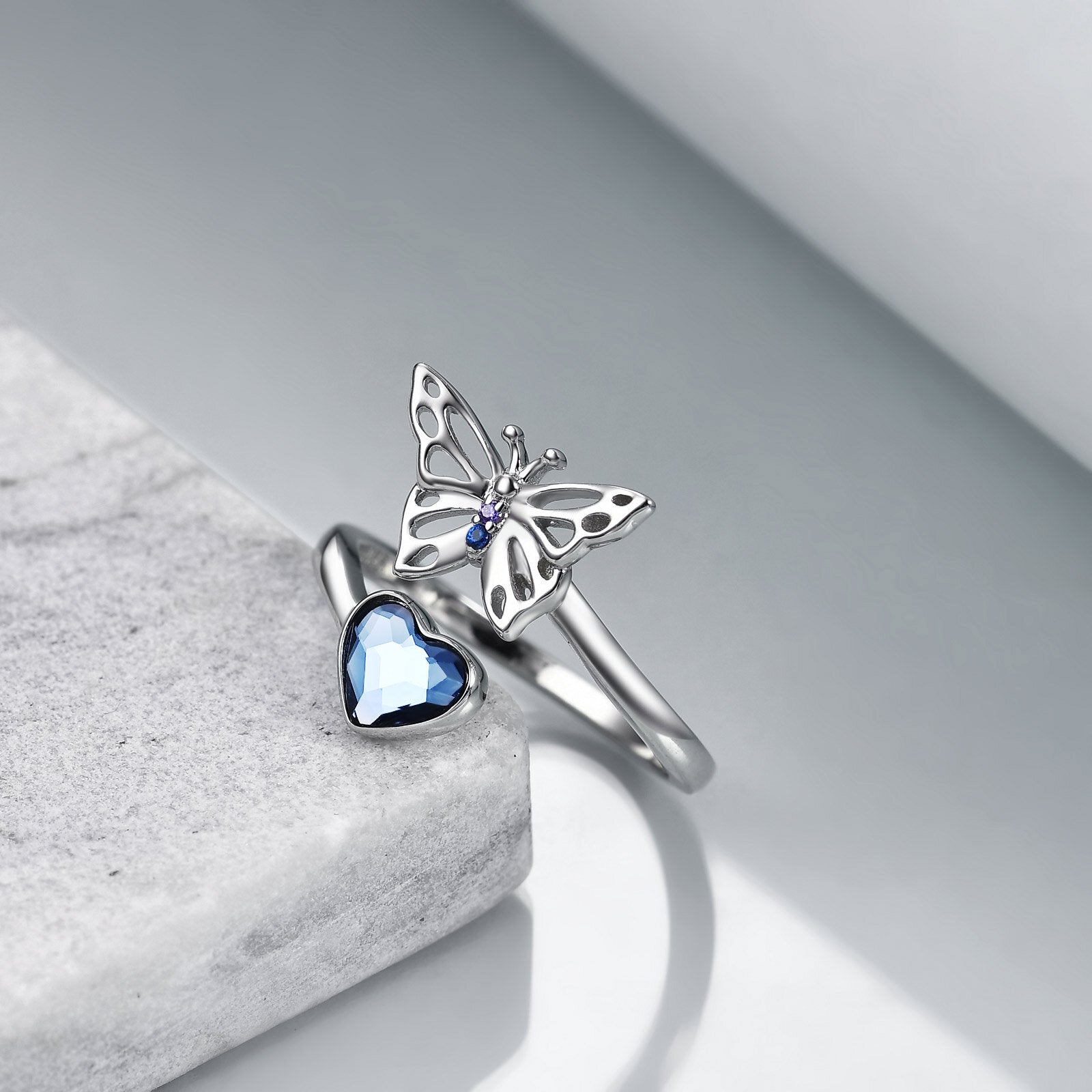 Sterling Silver Heart Shaped Crystal Butterfly Open Ring