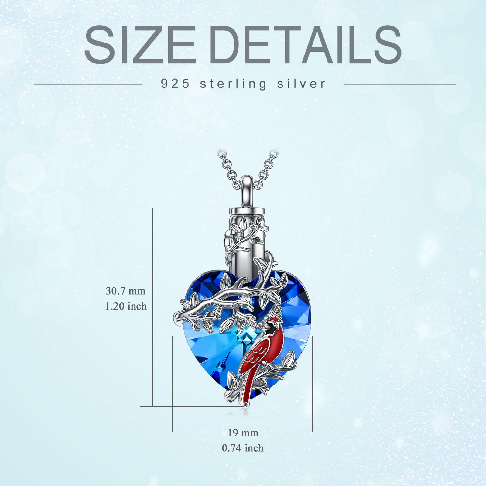 Sterling Silver Blue Heart Crystal Cardinal Heart Urn Necklace For Ashes For Women