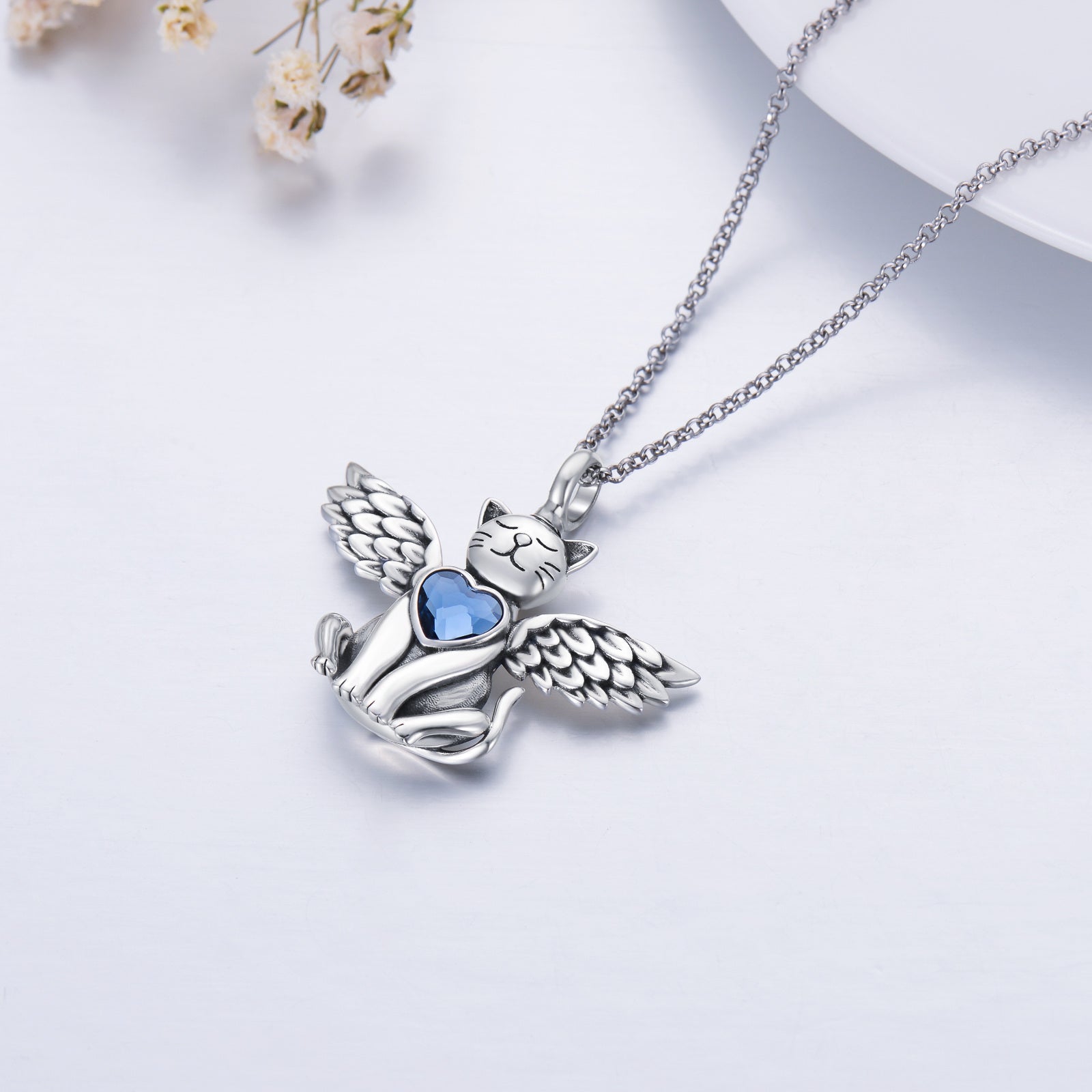 Sterling Silver Oxidized Cat & Angel Wing Urn Necklace For Ashes With Crystal