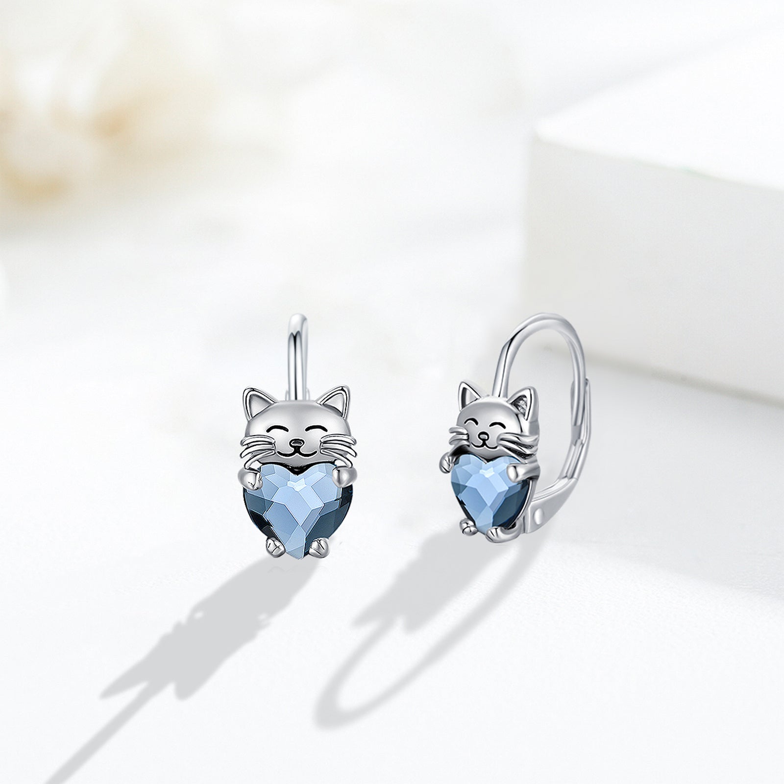Sterling Silver Heart Shaped Crystal Cat Lever-back Earrings