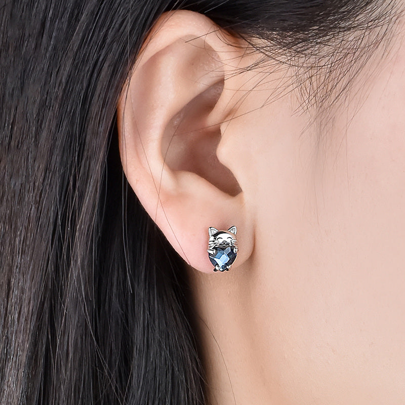 Sterling Silver Heart Shaped Crystal Cat Stud Earrings