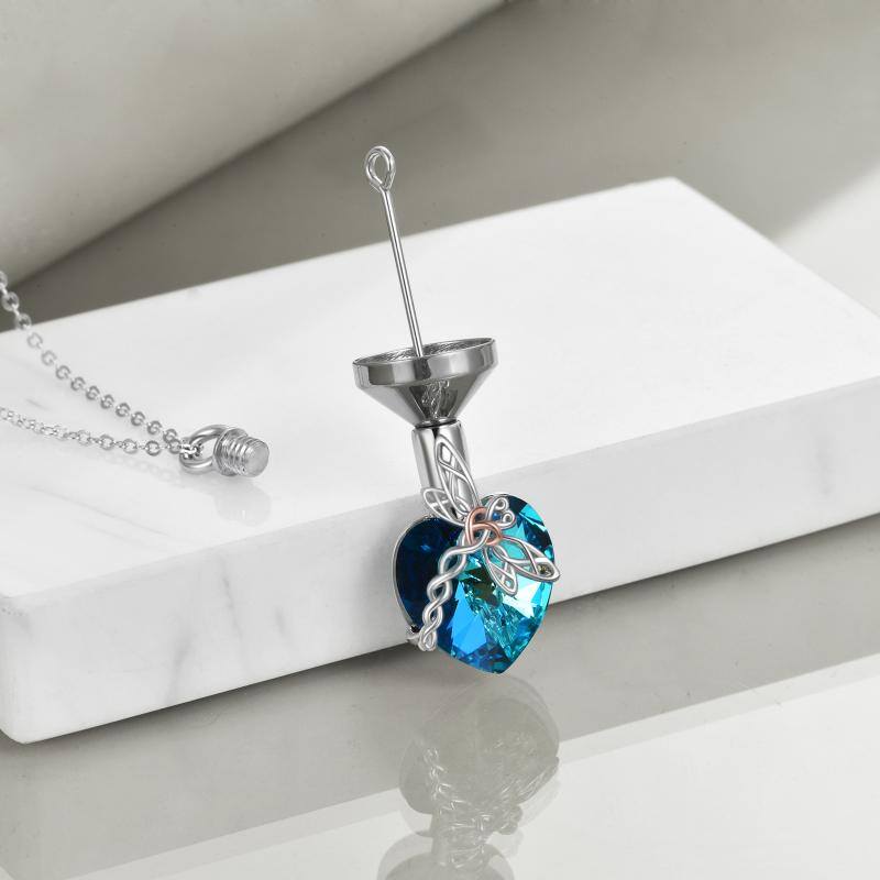 Sterling Silver Heart Shaped Crystal Celtic Knot Dragonfly Urn Necklace for Ashes