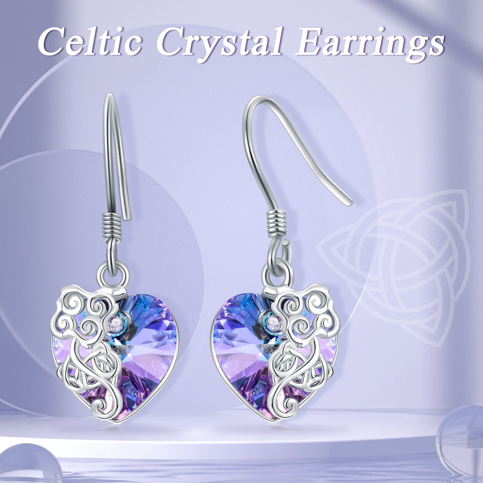 Sterling Silver Heart Crystal Celtic Knot Drop Earrings For Women