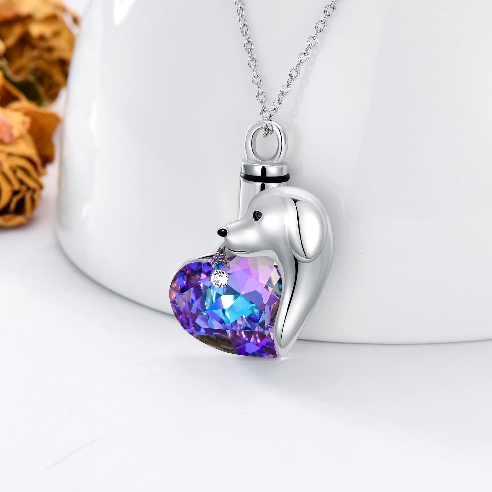 Sterling Silver Heart Crystal Dog Urn Necklace For Ashes