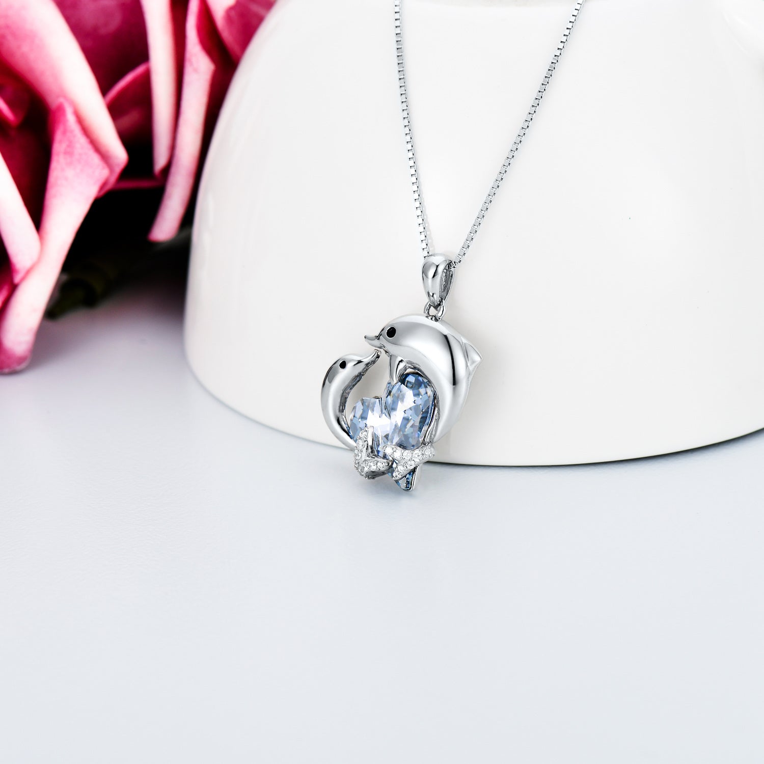 Sterling Silver Heart Crystal With Zircon Dolphin Pendant Necklace For Women