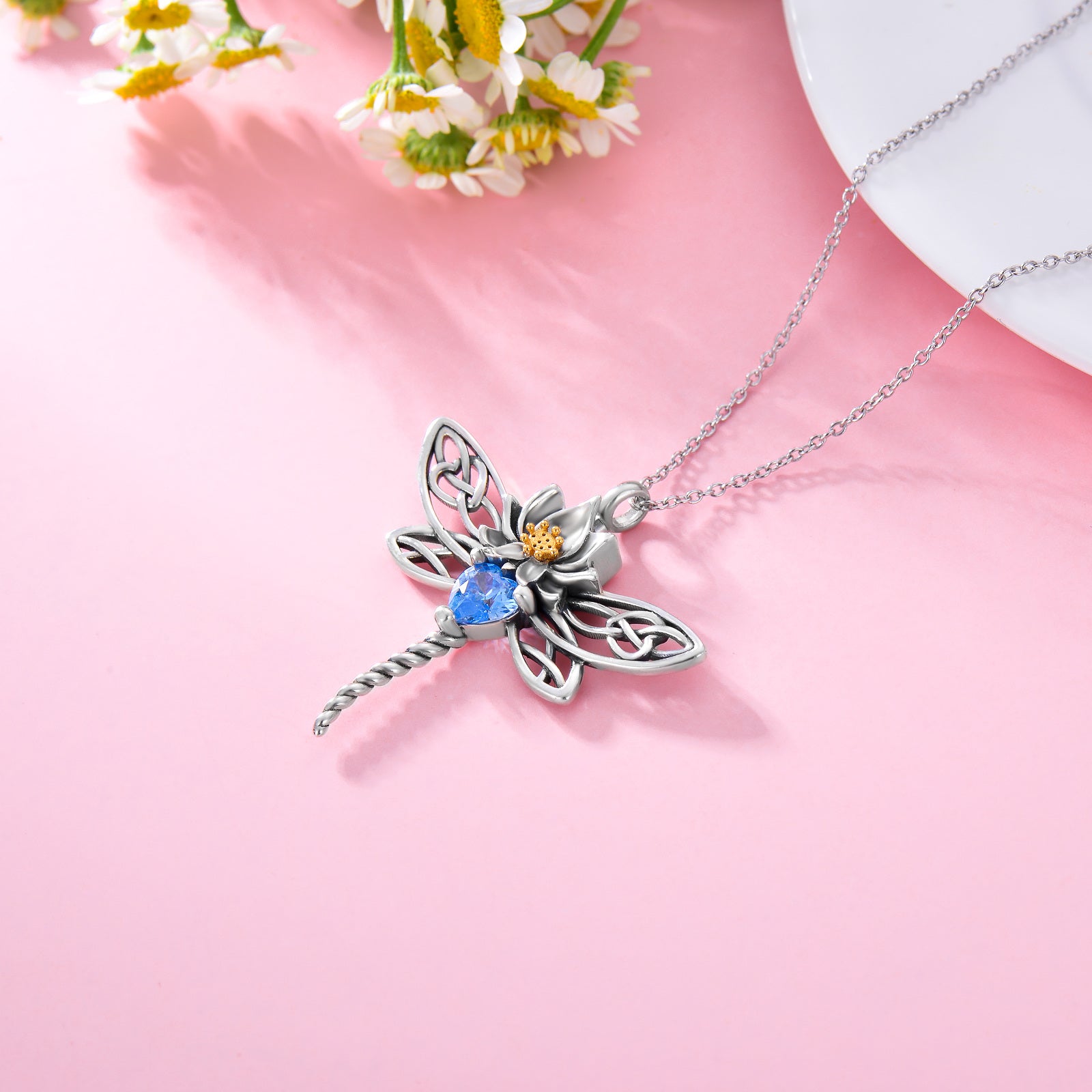 Sterling Silver Heart Shaped Crystal Dragonfly Urn Necklace for Ashes
