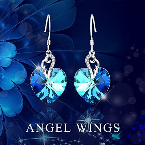 Sterling Silver Heart Crystal Heart With Angel Wings Drop Earrings For Women