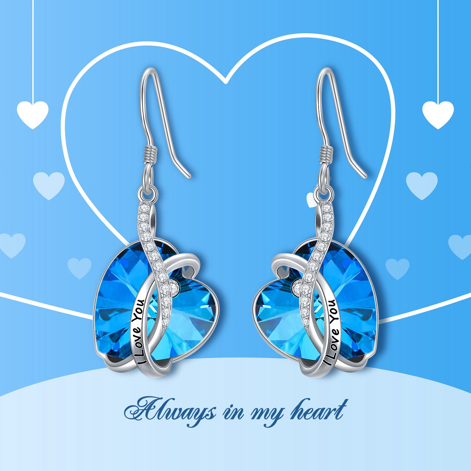 Sterling Silver Heart Crystal Heart Drop Earrings With Engraved Word