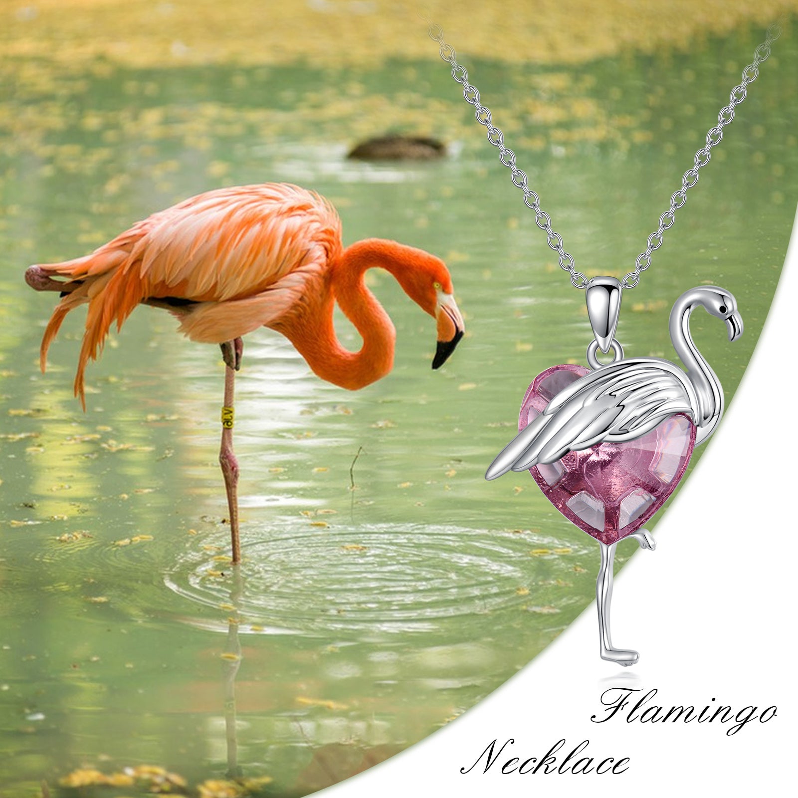 Sterling Silver Heart Crystal Flamingo Pendant Necklace For Women