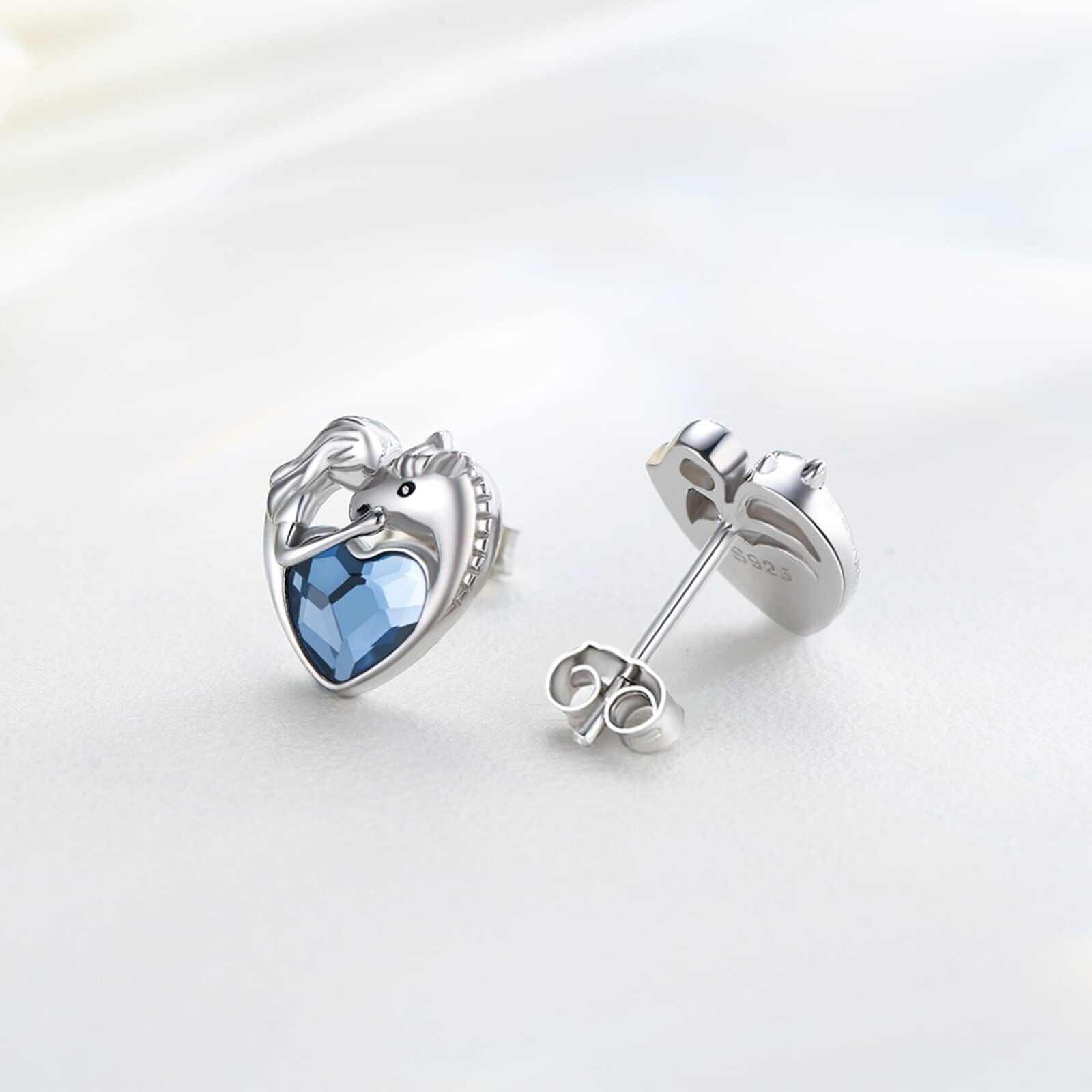 Sterling Silver Heart Crystal Horse Stud Earrings For Women