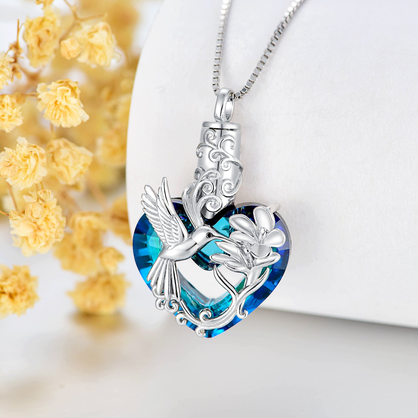 Sterling Silver Heart Shaped Crystal Hummingbird & Violet Urn Necklace for Ashes
