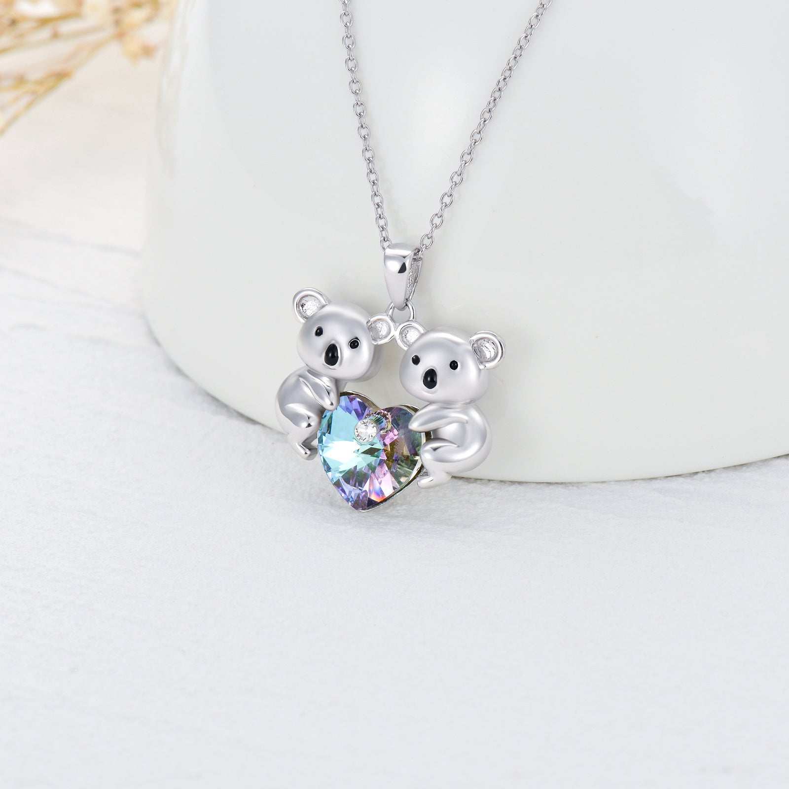 Sterling Silver Heart Shaped Crystal Koala & Sisters Pendant Necklace