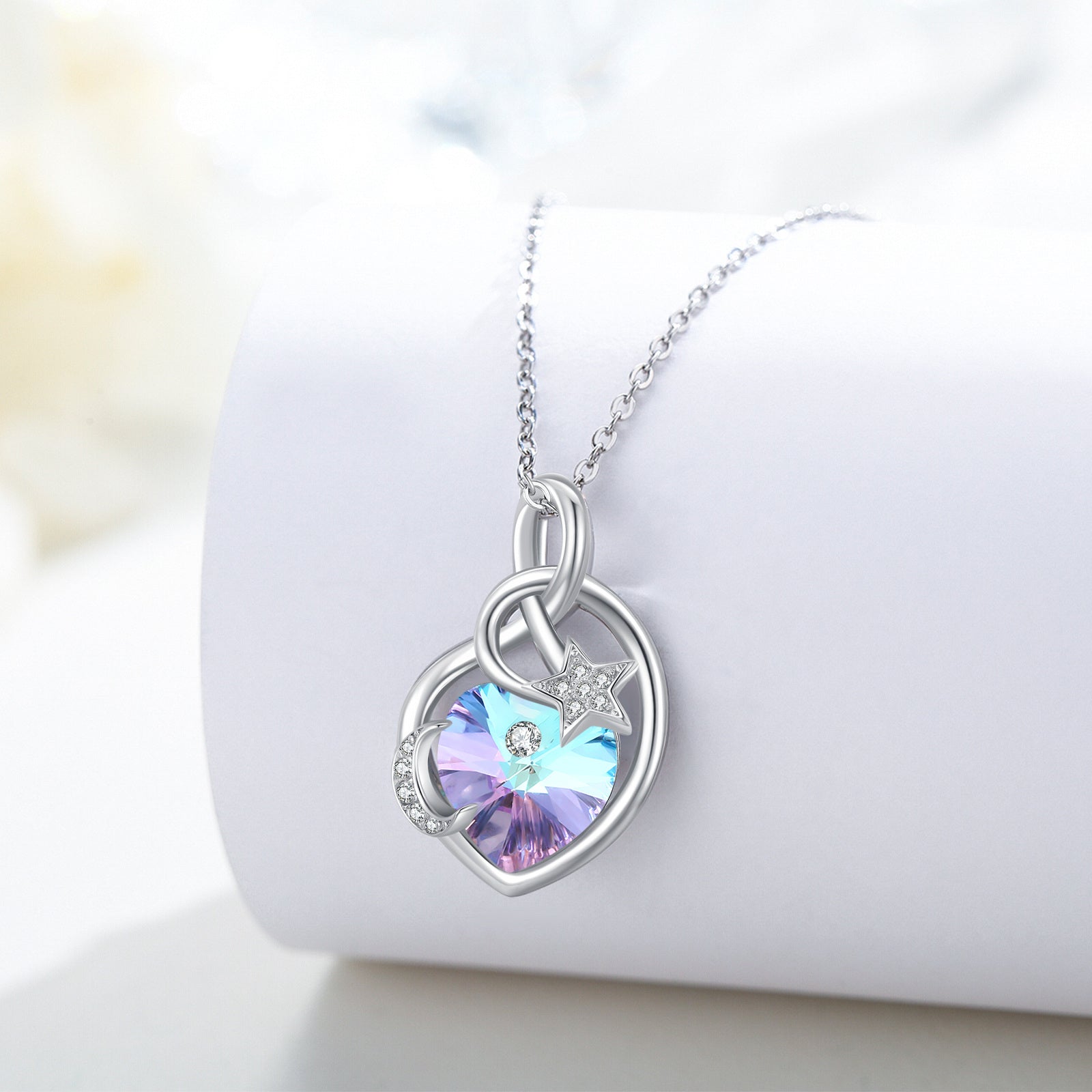 Sterling Silver Heart Shaped Crystal Moon Pendant Necklace