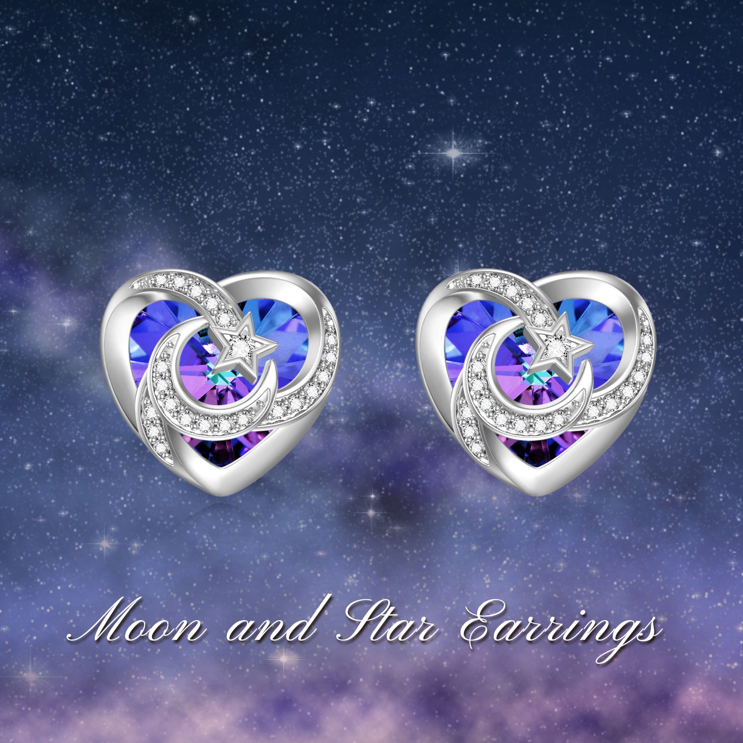 Sterling Silver Heart Shaped Crystal Heart & Moon & Star Stud Earrings