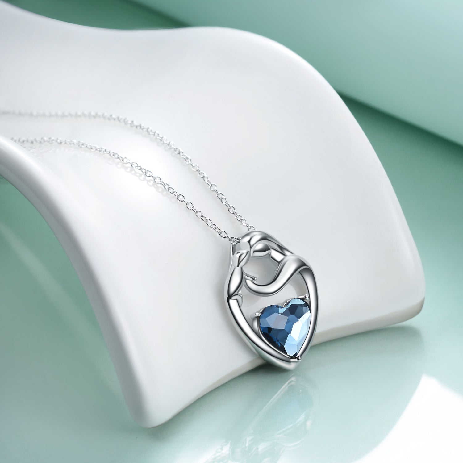 Sterling Silver Blue Crystal Heart Necklace for Women