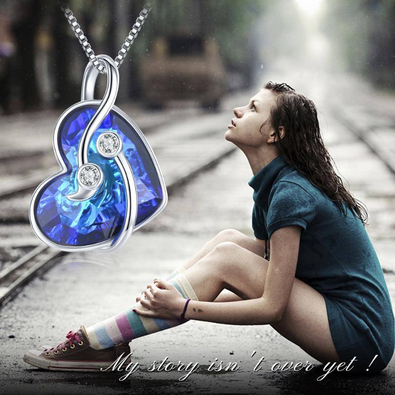 Sterling Silver Semicolon Perotect Heart Blue Crystal Necklace