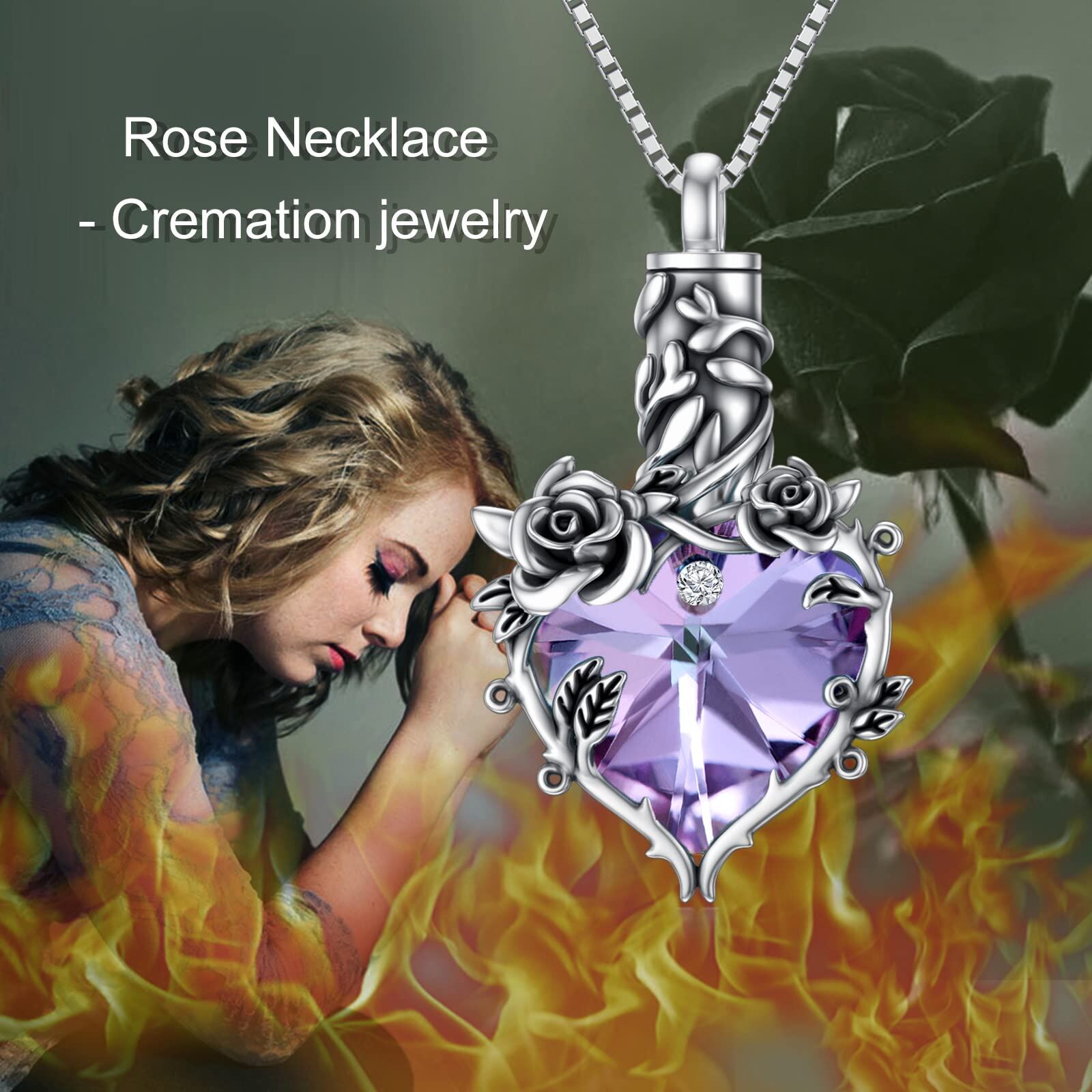 Sterling Silver Oxidized Emerald Crystal Rose & Heart Urn Necklace For Ashes Cremation Memorial Jewelry