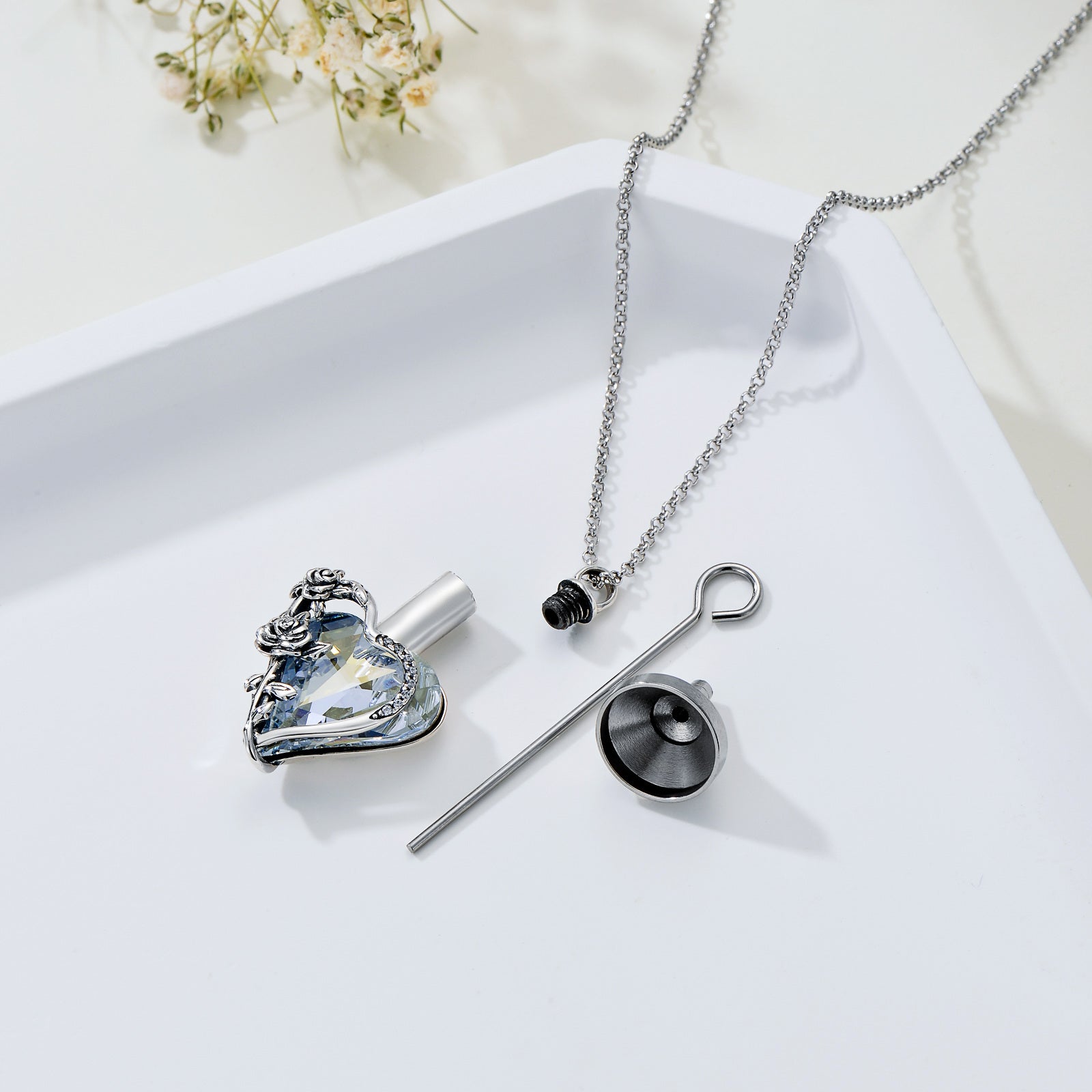 Sterling Silver Heart Crystal Rose & Heart Urn Necklace For Ashes For Women Best Friends