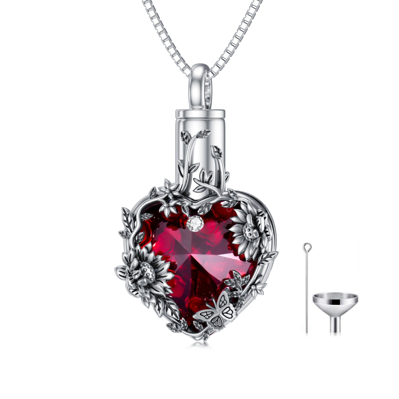 Sterling Silver Heart Crystal Sunflower Urn Necklace For Ashes