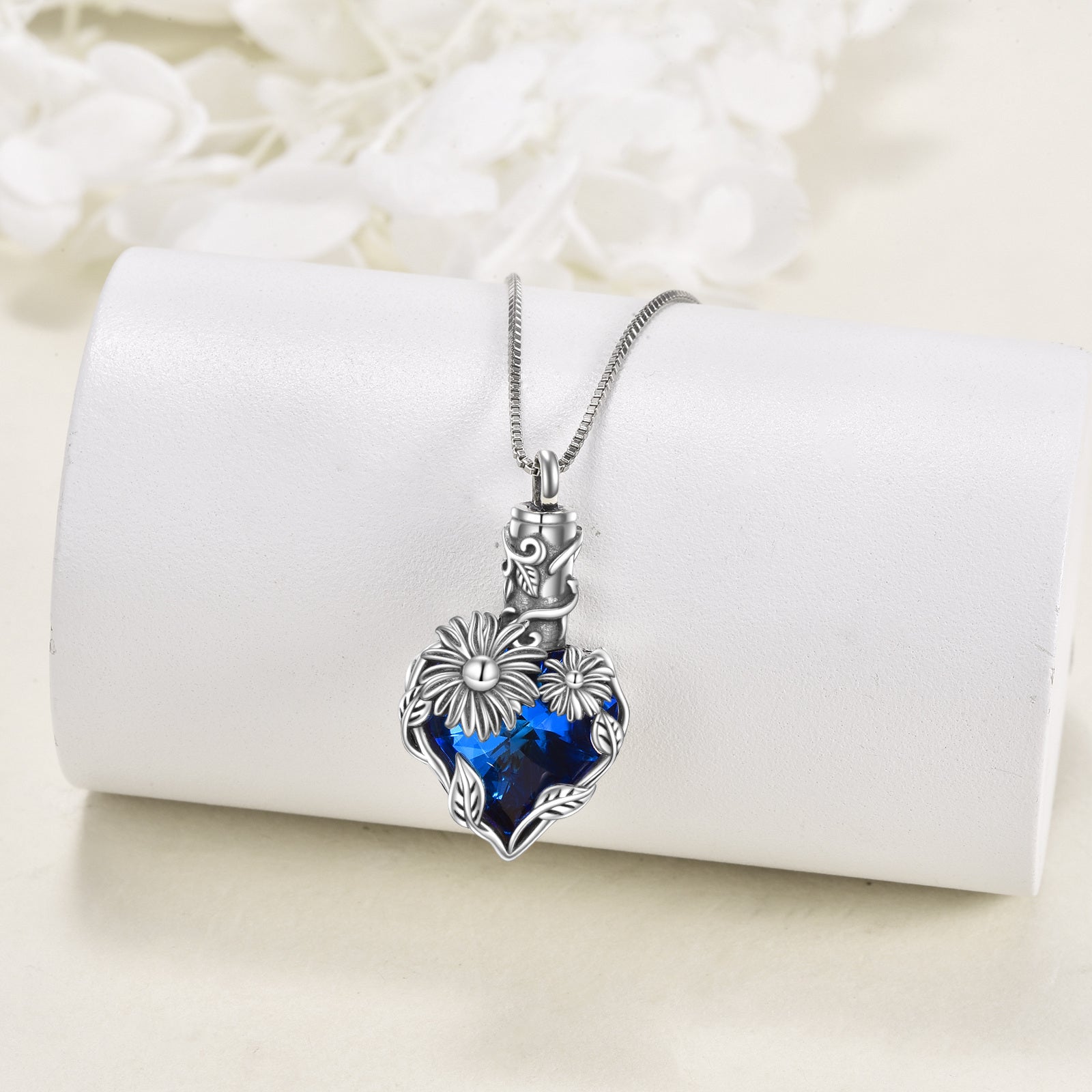 Sterling Silver Blue Crystal Sunflower Urn Necklace For Ashes Memorial Cremation Jewelry