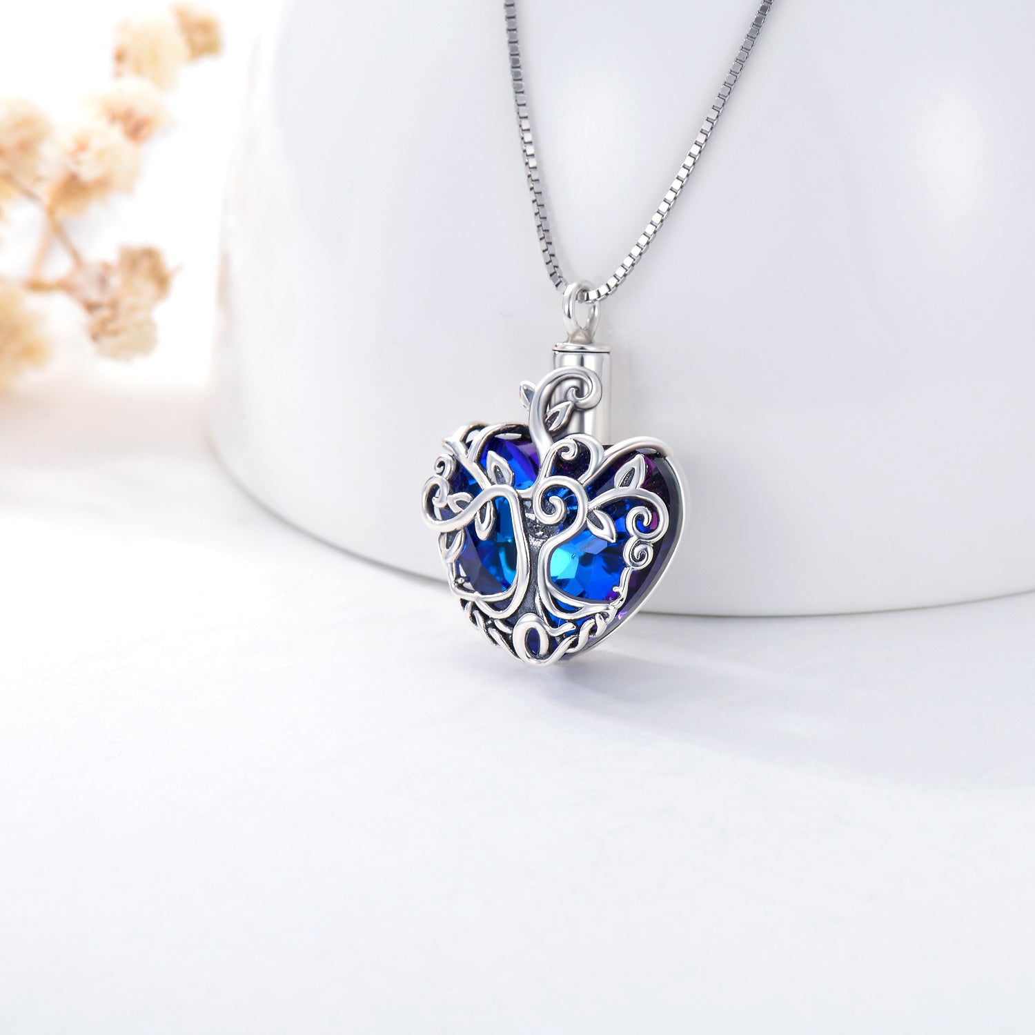 Sterling Silver Heart Shaped Crystal Tree Of Life Urn Necklace for Ashes