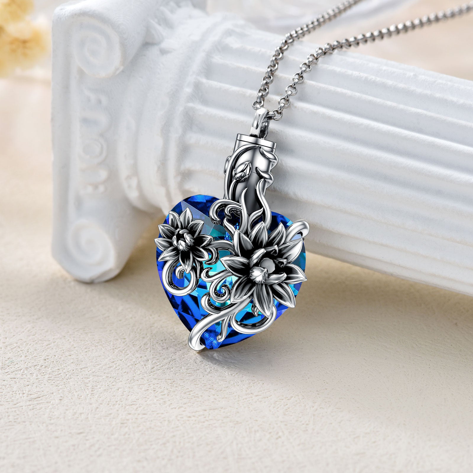 Sterling Silver Heart Shaped Crystal Vintage Lotus Urn Necklace for Ashes