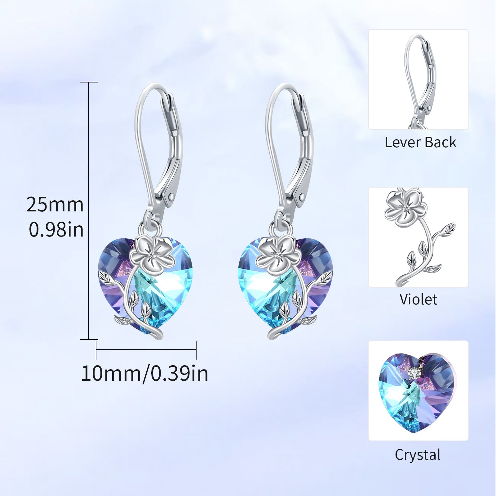Sterling Silver Heart Crystal Violet Lever-Back Earrings For Women