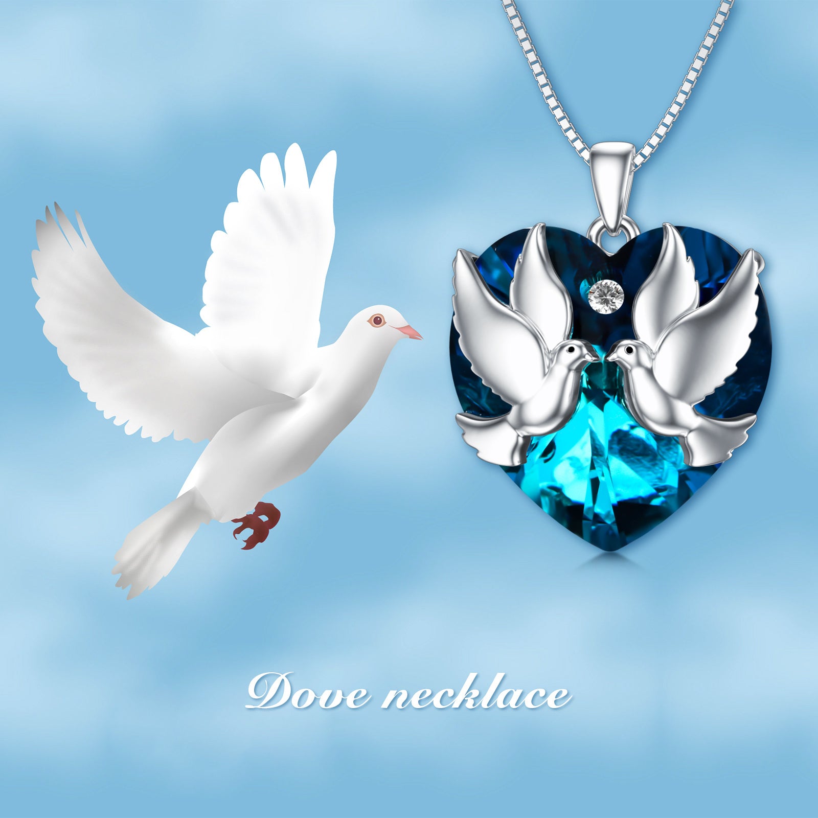 Sterling Silver Heart Shaped Dove Crystal Pendant Necklace