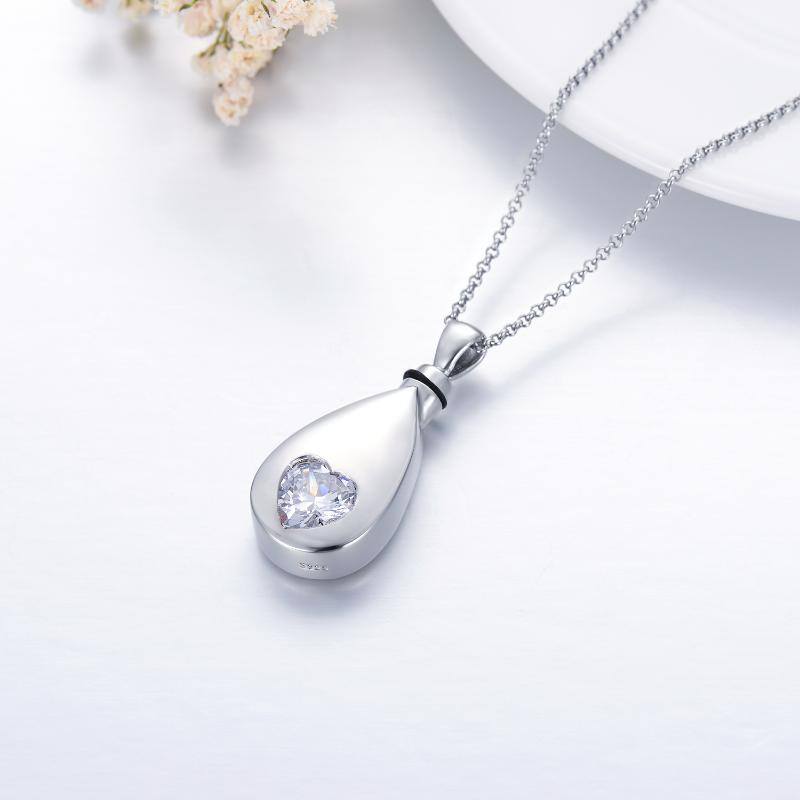 Sterling Silver Heart Cubic Zirconia Drop Urn Necklace For Ashes