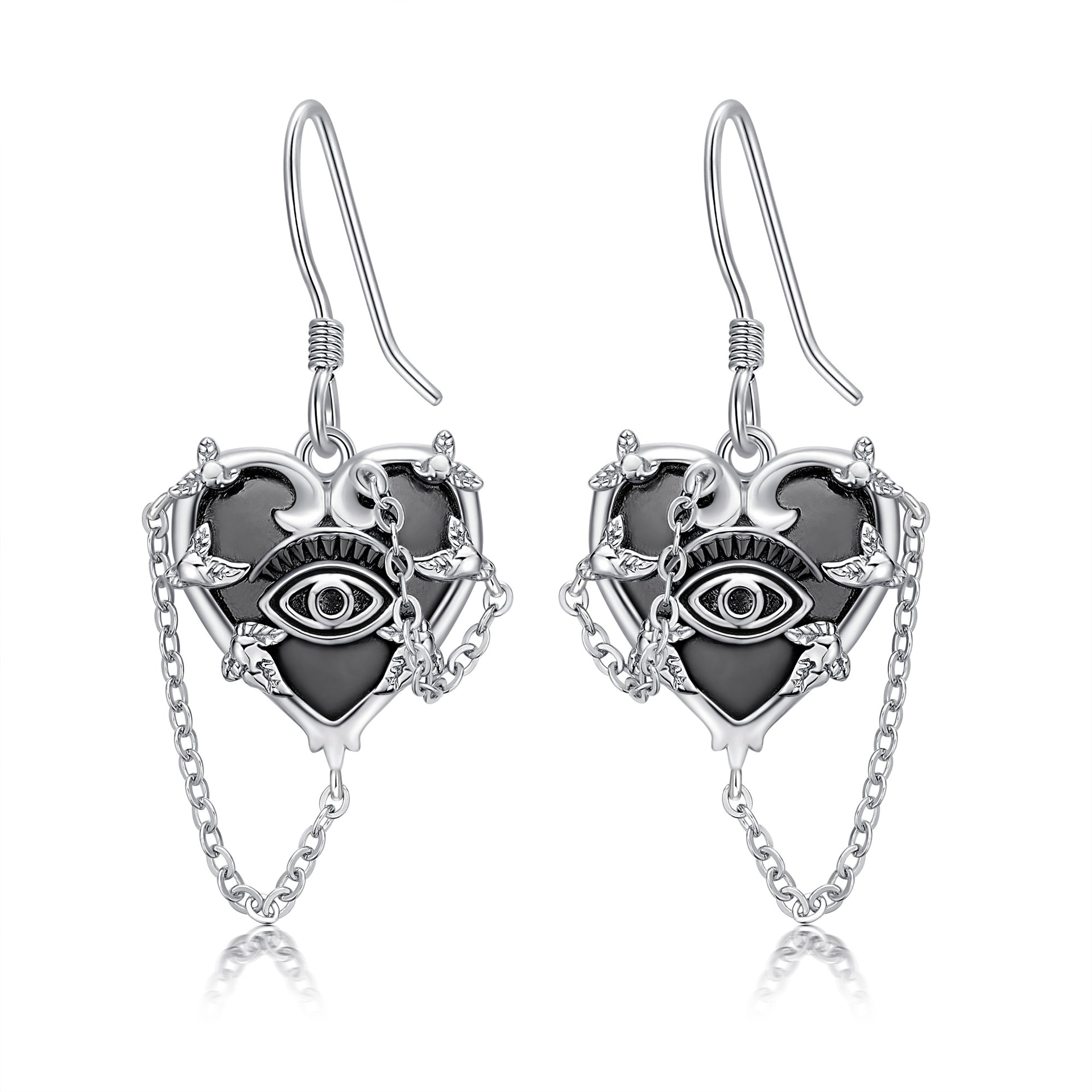 Sterling Silver Heart Shaped Evil Eye Drop Earrings
