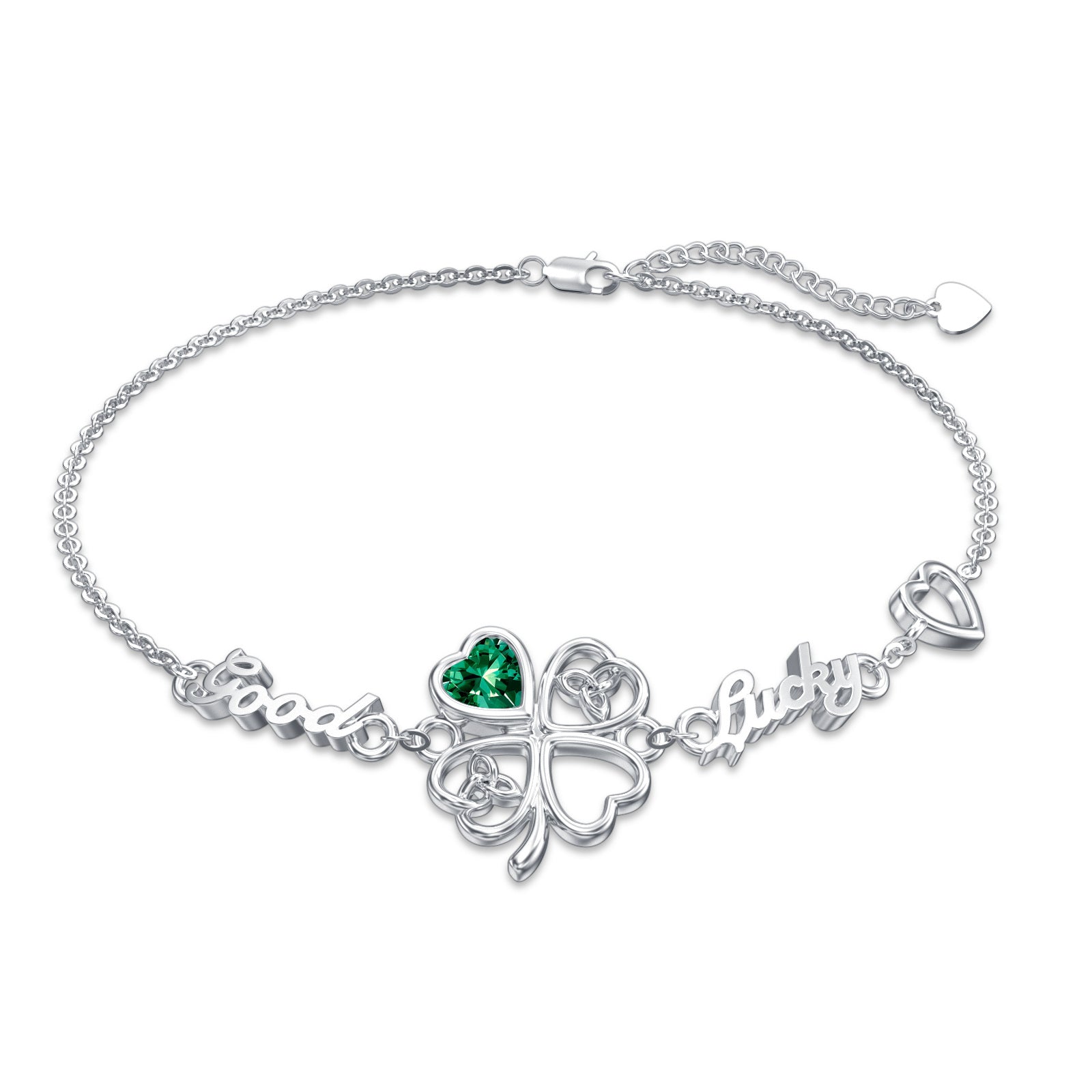 Sterling Silver Heart Cubic Zirconia Four Leaf Clover & Celtic Knot Charm Personalised Engraving Bracelet