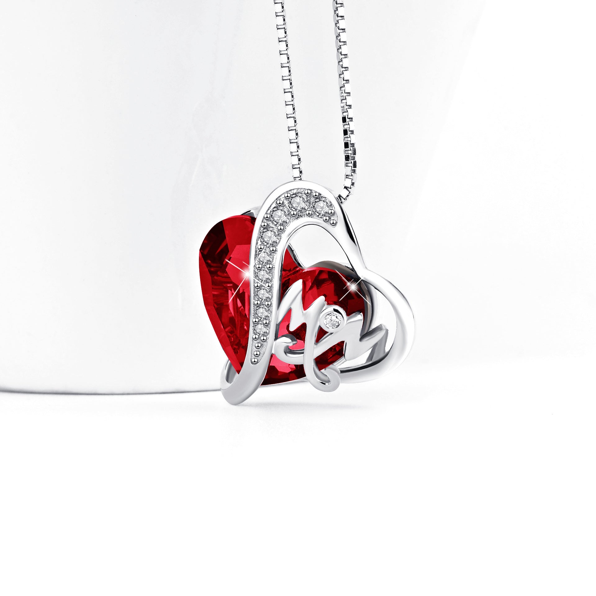 Sterling Silver Heart Shaped Garnet Crystal Mom Pendant Necklace