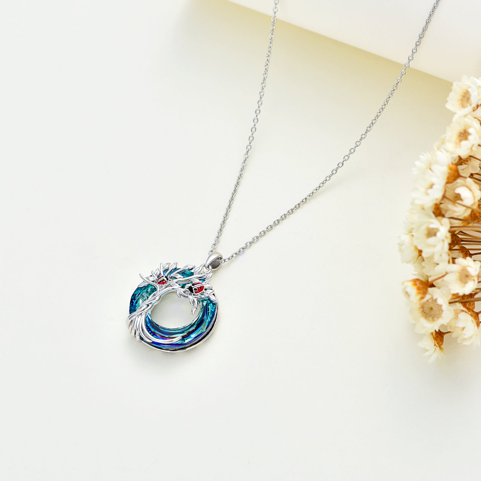 Sterling Silver Heart Shaped Ladybug & Tree Of Life Crystal Pendant Necklace