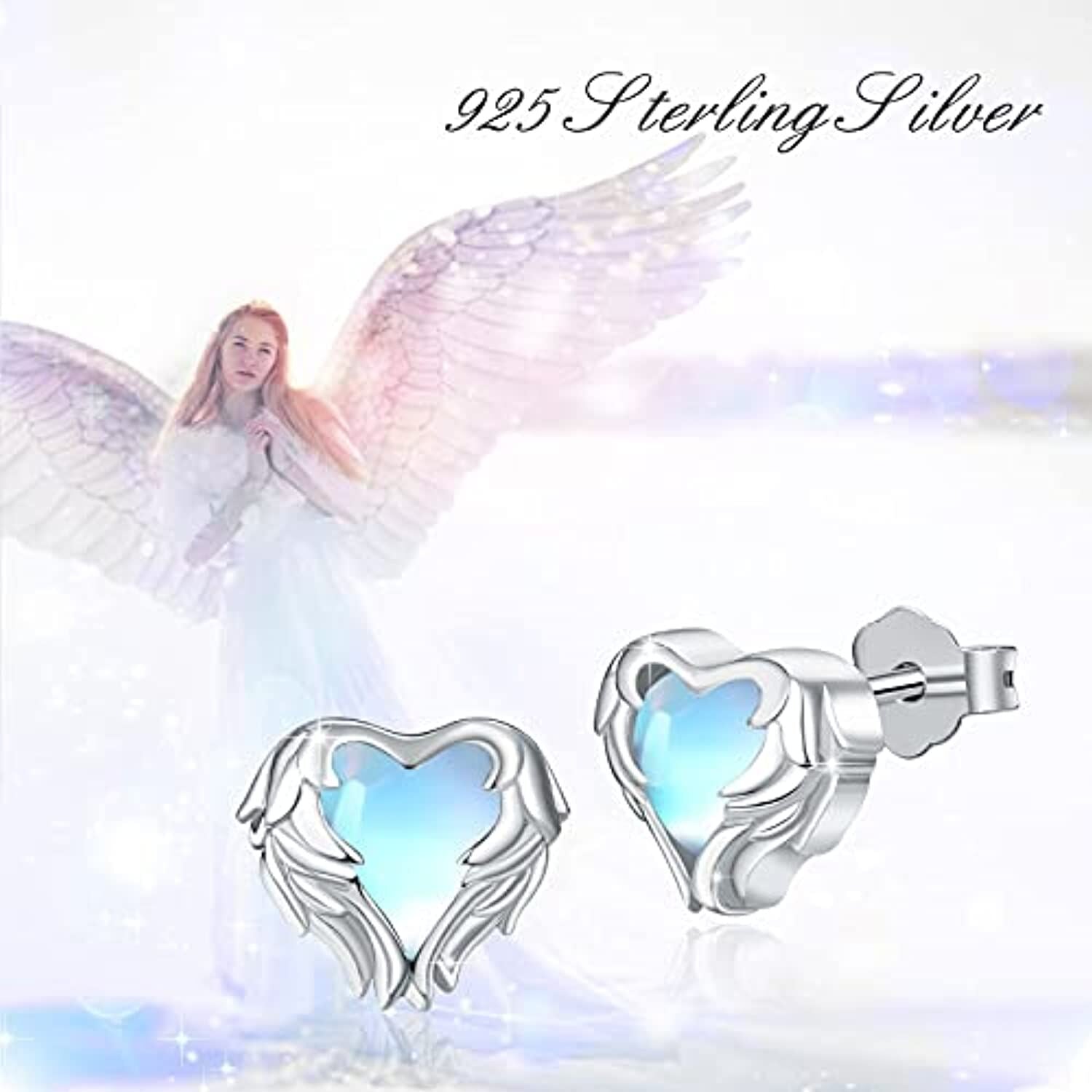 Sterling Silver Heart Shaped Moonstone Angel Wing Stud Earrings