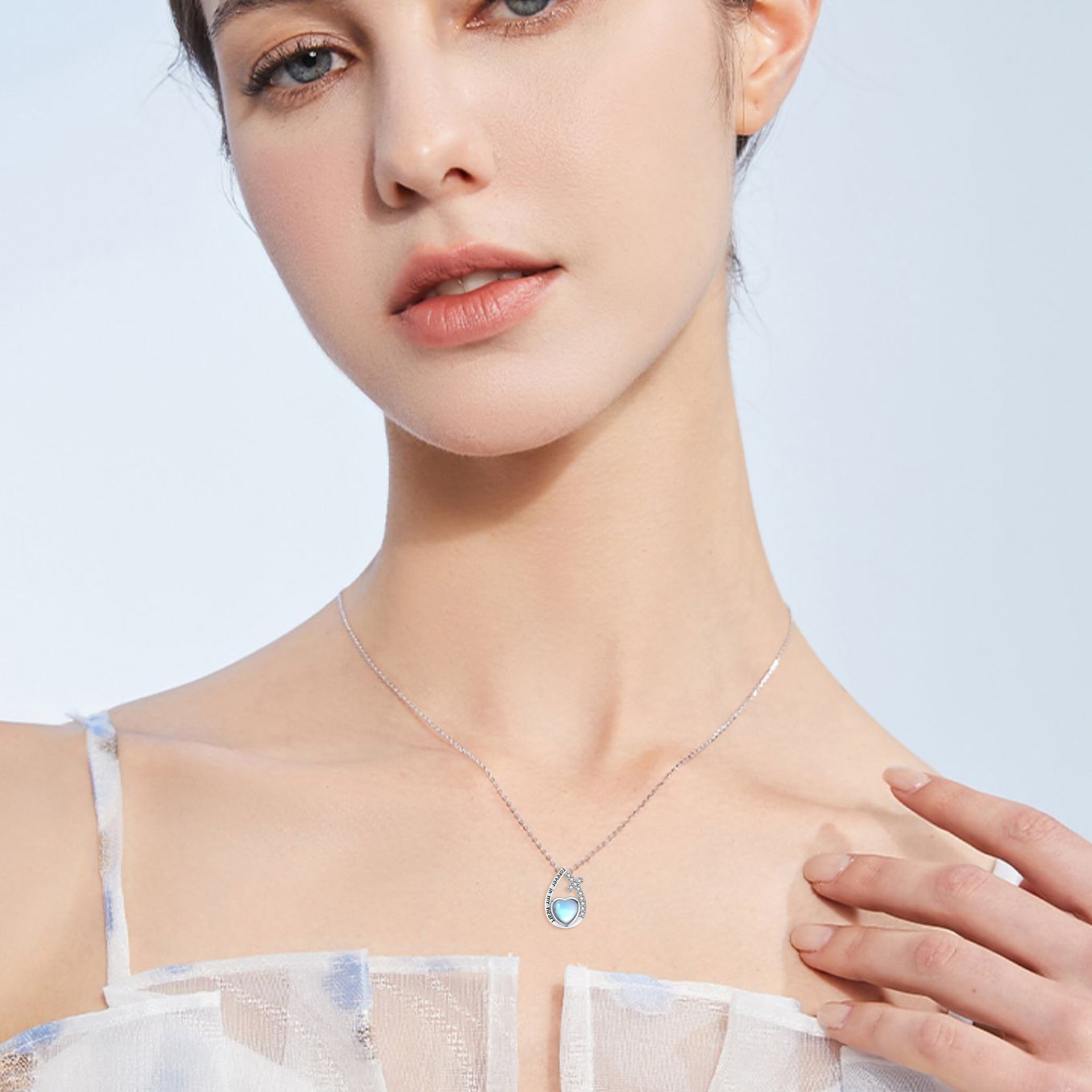 Sterling Silver Heart Shaped Moonstone Cross & Drop Shape Urn Necklace for Ashes with Engraved Word